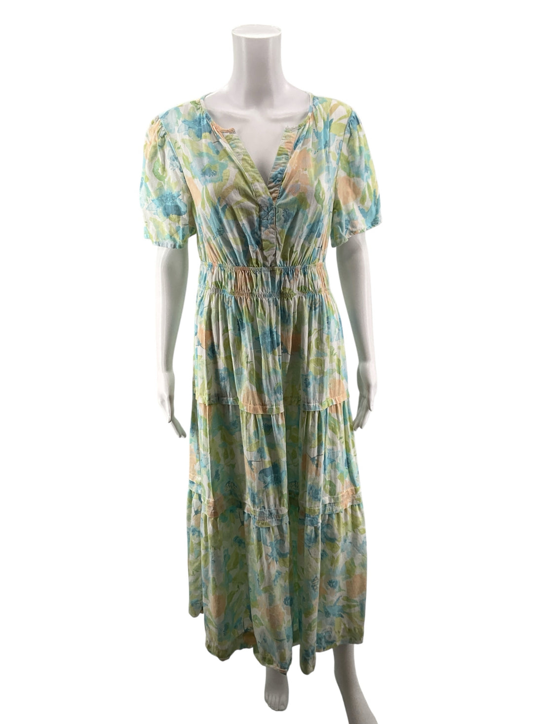 Casa Cabana white/peach/aqua Maxi Floral Print Tiered Midi Dress Size Medium - Size M