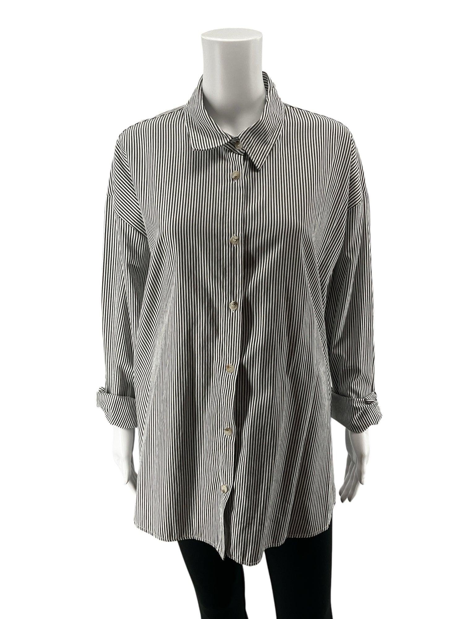 COSCOS White &amp; Black Pinstripe Longline Button-Up Shirt | Size XL