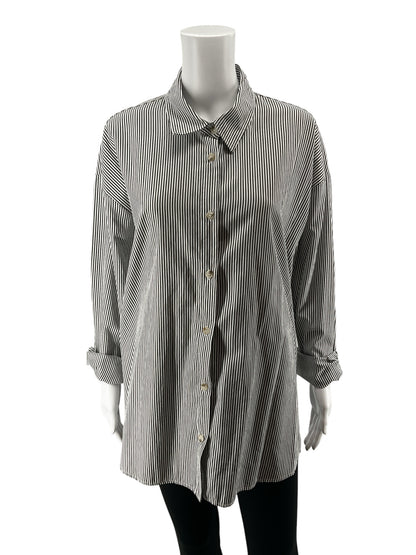 COSCOS White &amp; Black Pinstripe Longline Button-Up Shirt | Size XL