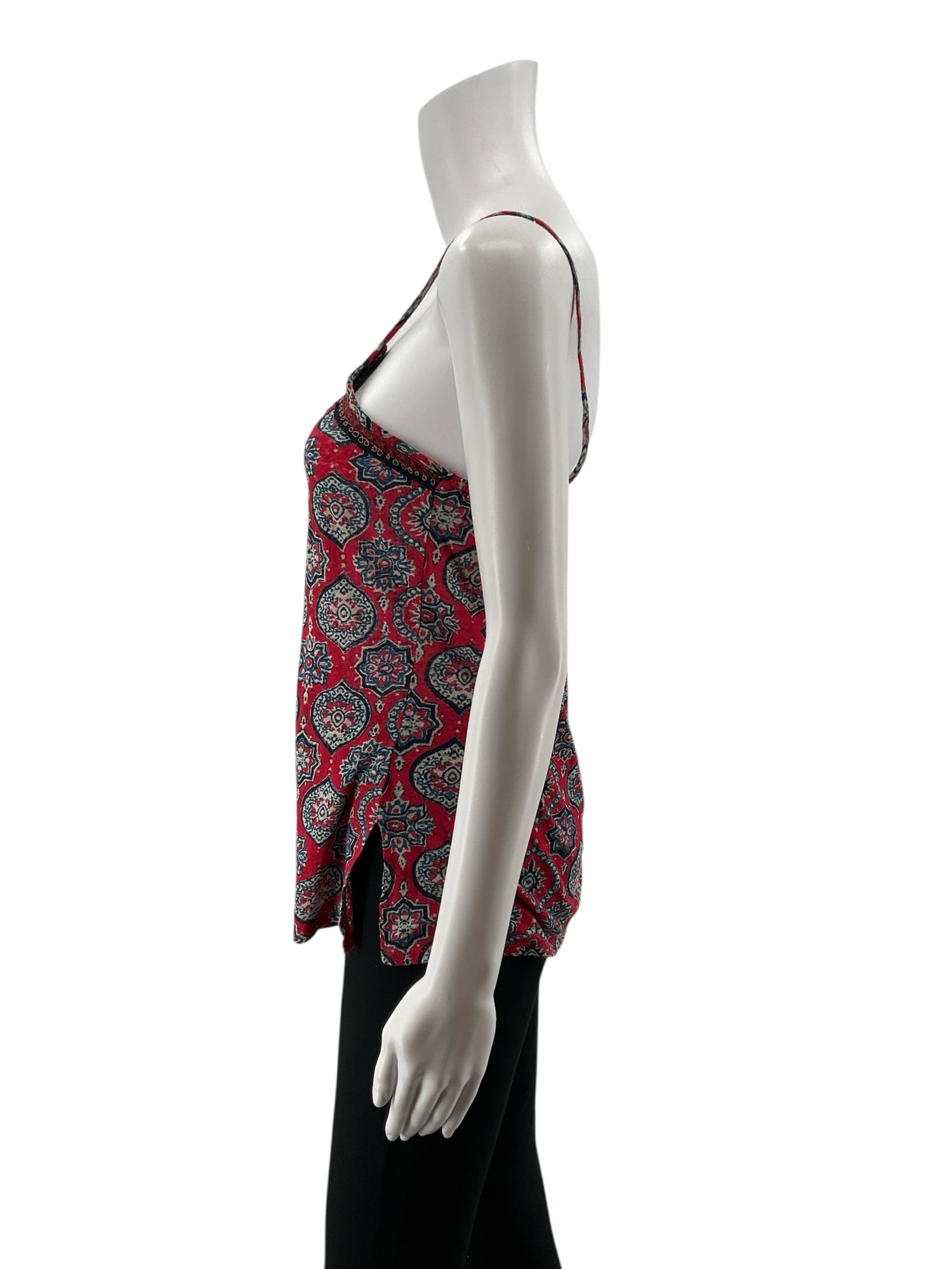 Lucky Brand XS Red &amp;amp; Navy Medallion Print Boho Embroidered Cami Top