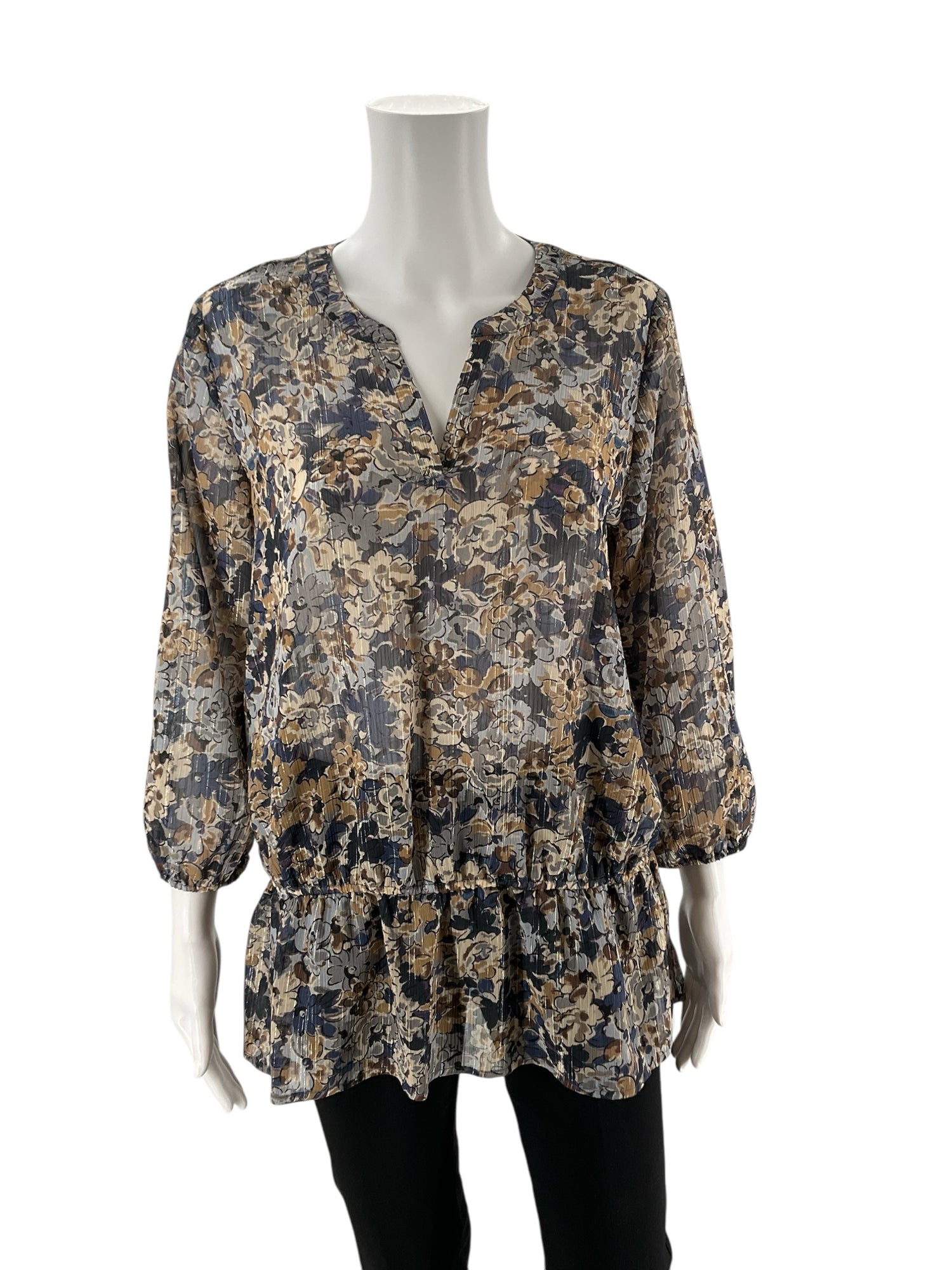Liz Claiborne Brown/Blue Floral Pre-Owned Ladies Top - Size Medium - Margaret’s Fine Consignment