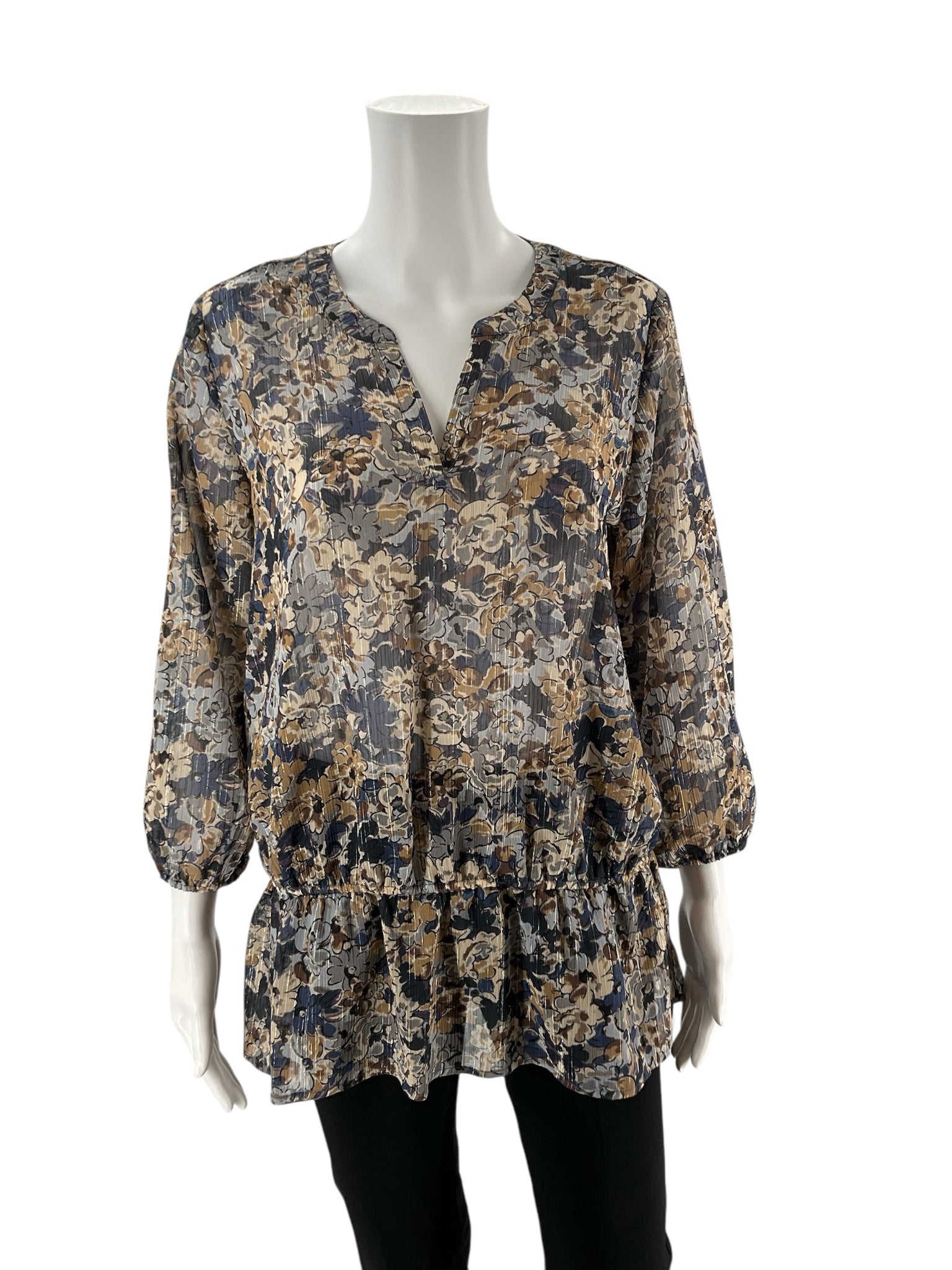 Liz Claiborne Brown/Blue Floral Pre-Owned Ladies Top - Size Medium - Margaret’s Fine Consignment
