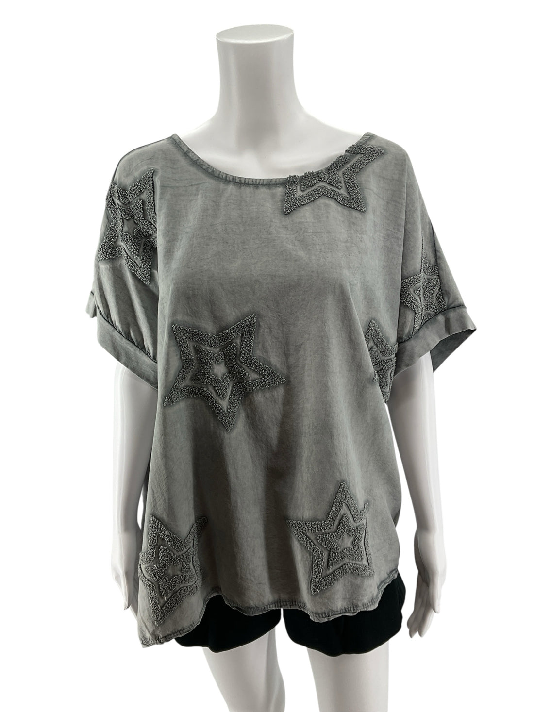 New Collection Italian Made Gray Star Appliqué Dolman Sleeve Top M/L