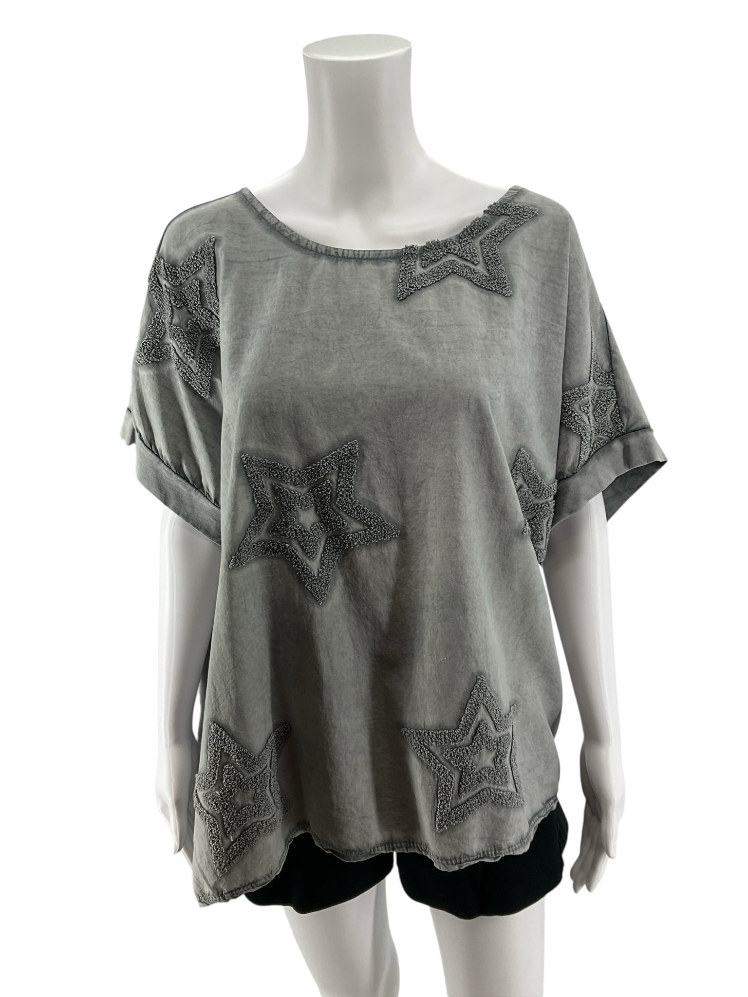 New Collection Italian Made Gray Star Appliqué Dolman Sleeve Top M/L