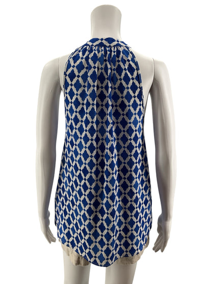 Mud Pie Mahalaya Halter Tunic Top Blue White Geometric Print Tassel Small