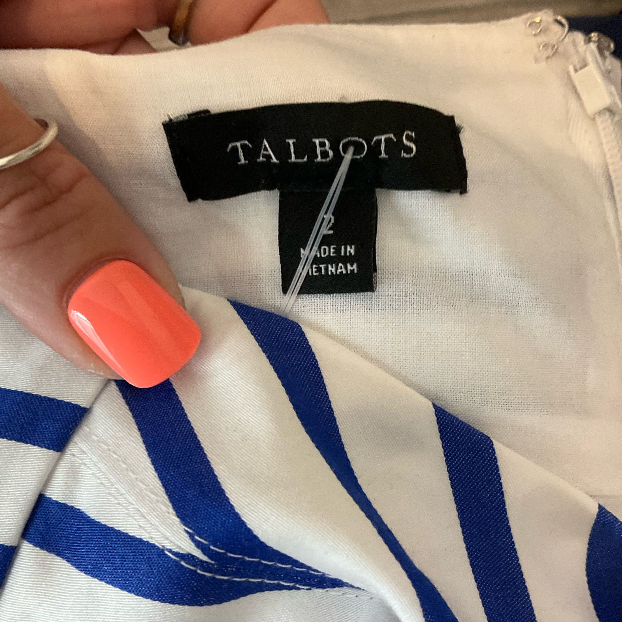 Talbots Nautical Chevron Stripe Cotton Midi Dress White Blue Size 2