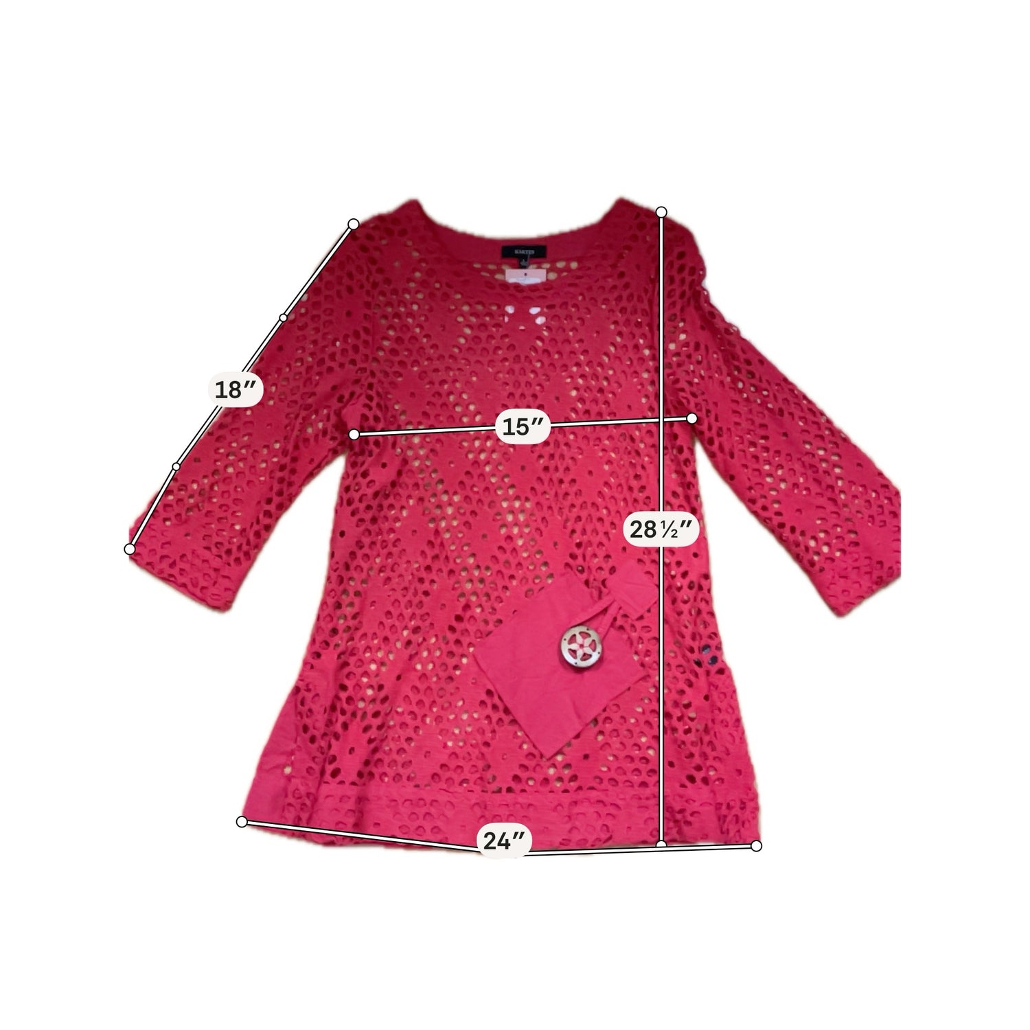 Kaktus Pink Crochet Knit Tunic Top Bohemian Artsy 3/4 Sleeve Size Large