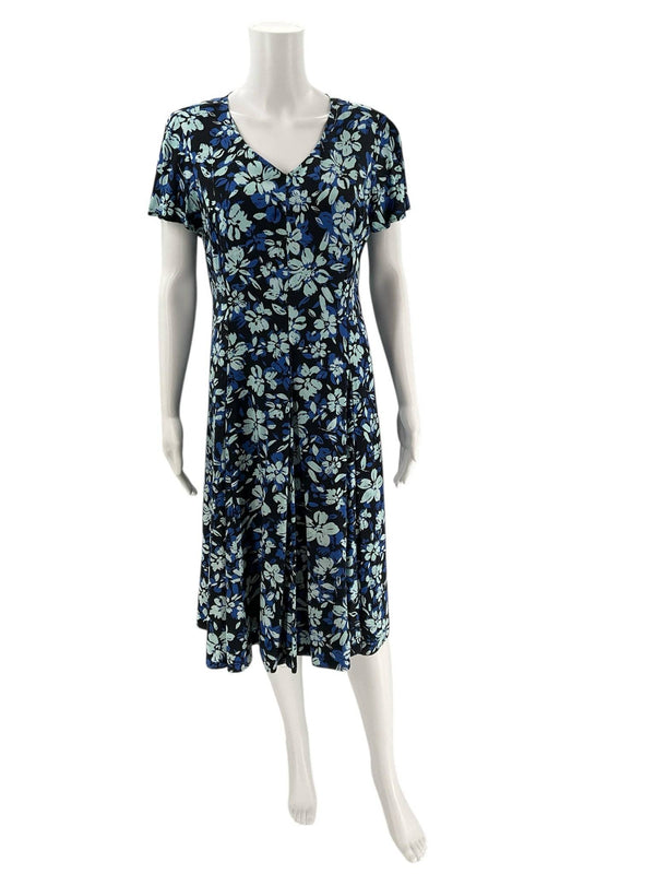 Coldwater Creek Black/Blue Floral Dress Size 10 Petite with short sleeves and V-neck, displayed on mannequin front view.