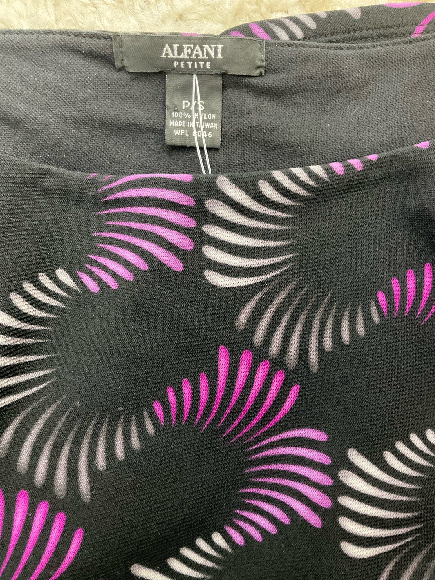 Alfani petite black and purple print pullover blouse, casual top for women in size small petite.