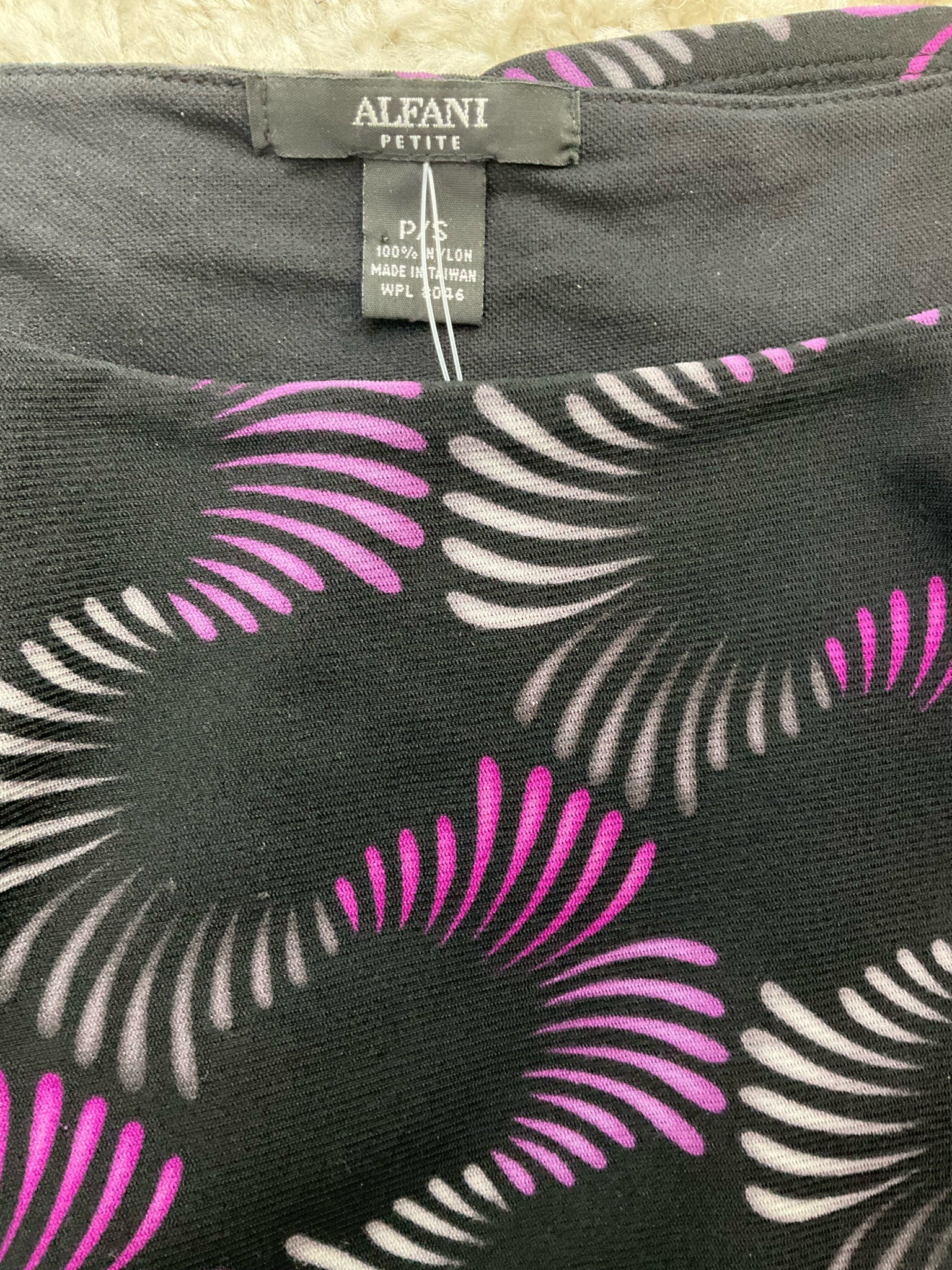Alfani petite black and purple print pullover blouse, casual top for women in size small petite.