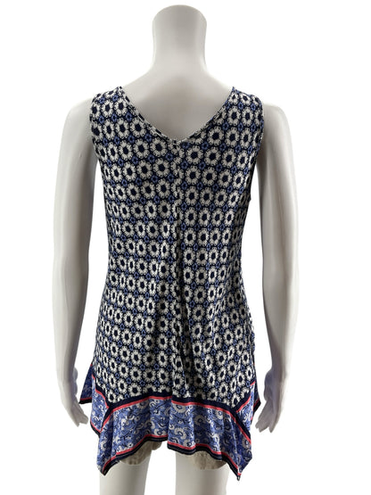 Tribal Medallion Print Handkerchief Hem Tank Top Blue White PS