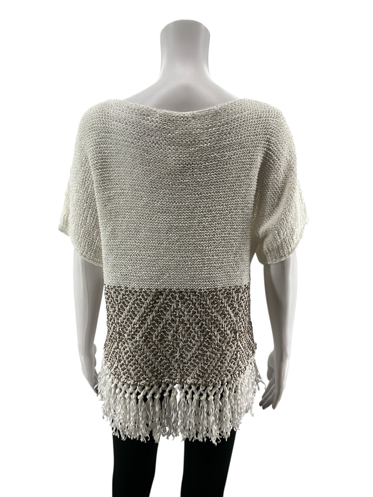 Fabiana Filippi white/brown Short Sleeve Rhodes Fringe Crochet Top NWT Size Small White &amp; Brown Italian Cotton-Blend - Size S