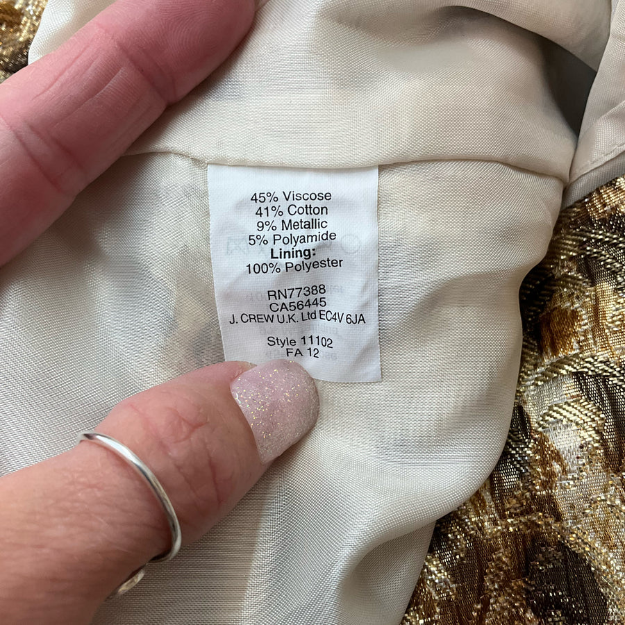 J Crew gold animal print dress, size 4, showcasing a stylish design with a flattering fit for women.