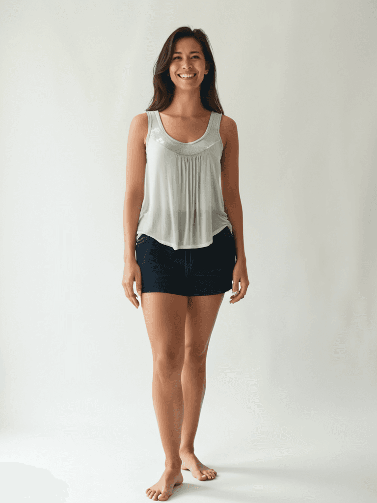 Model wearing August Silk Top Size Petite Small from Margaret's Fine Consignments, sleeveless white blouse styled with dark shorts.