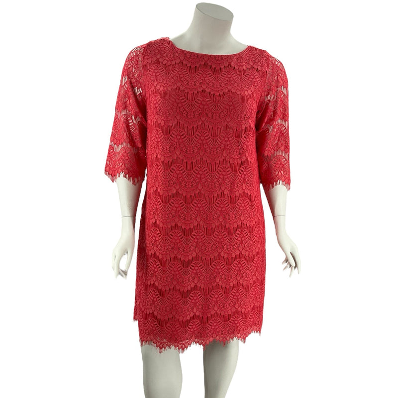 Jessica Howard Coral Lace Pre-Owned Ladies Dress - Size 16W with 3/4 sleeves, featuring scalloped hem and floral lace overlay, front view.