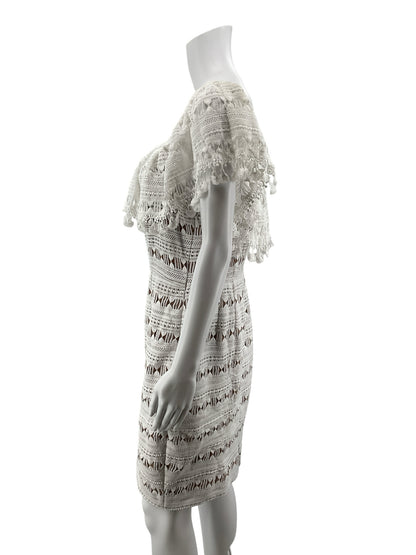 Tracy Reese Cream Crochet Lace Fringe Trim Sheath Dress Size 10