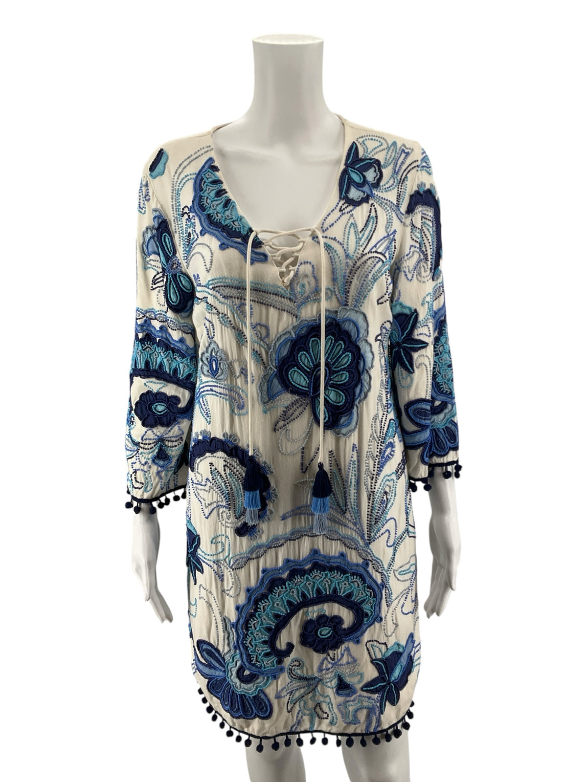 Boston Proper Boho Embroidered Tassel Tie Tunic Dress Size XS