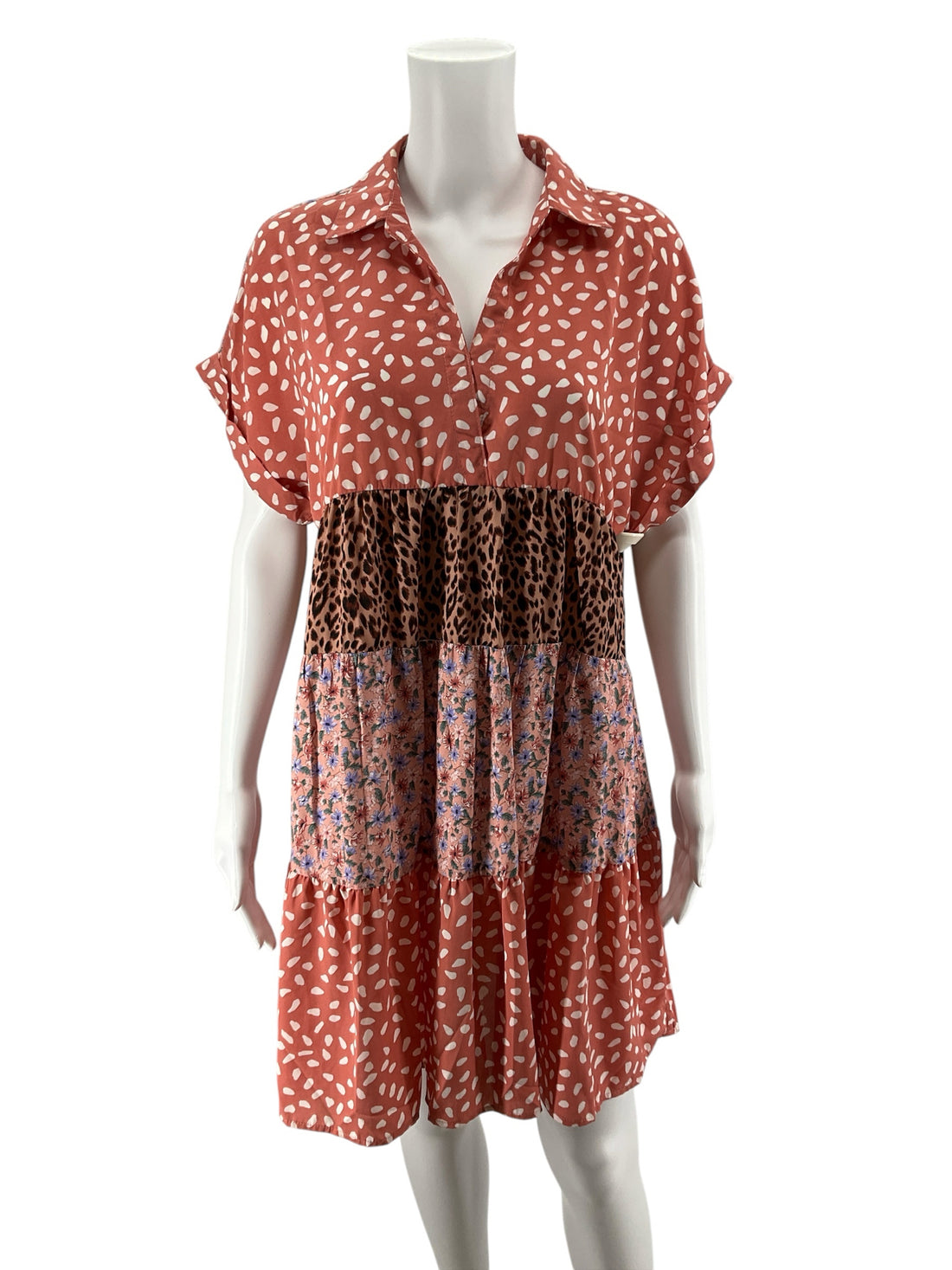 Umgee USA Mixed Print Tiered Babydoll Mini Dress Salmon Floral Leopard Size Small