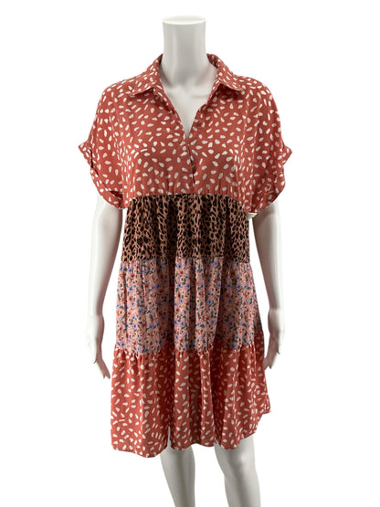Umgee USA Mixed Print Tiered Babydoll Mini Dress Salmon Floral Leopard Size Small