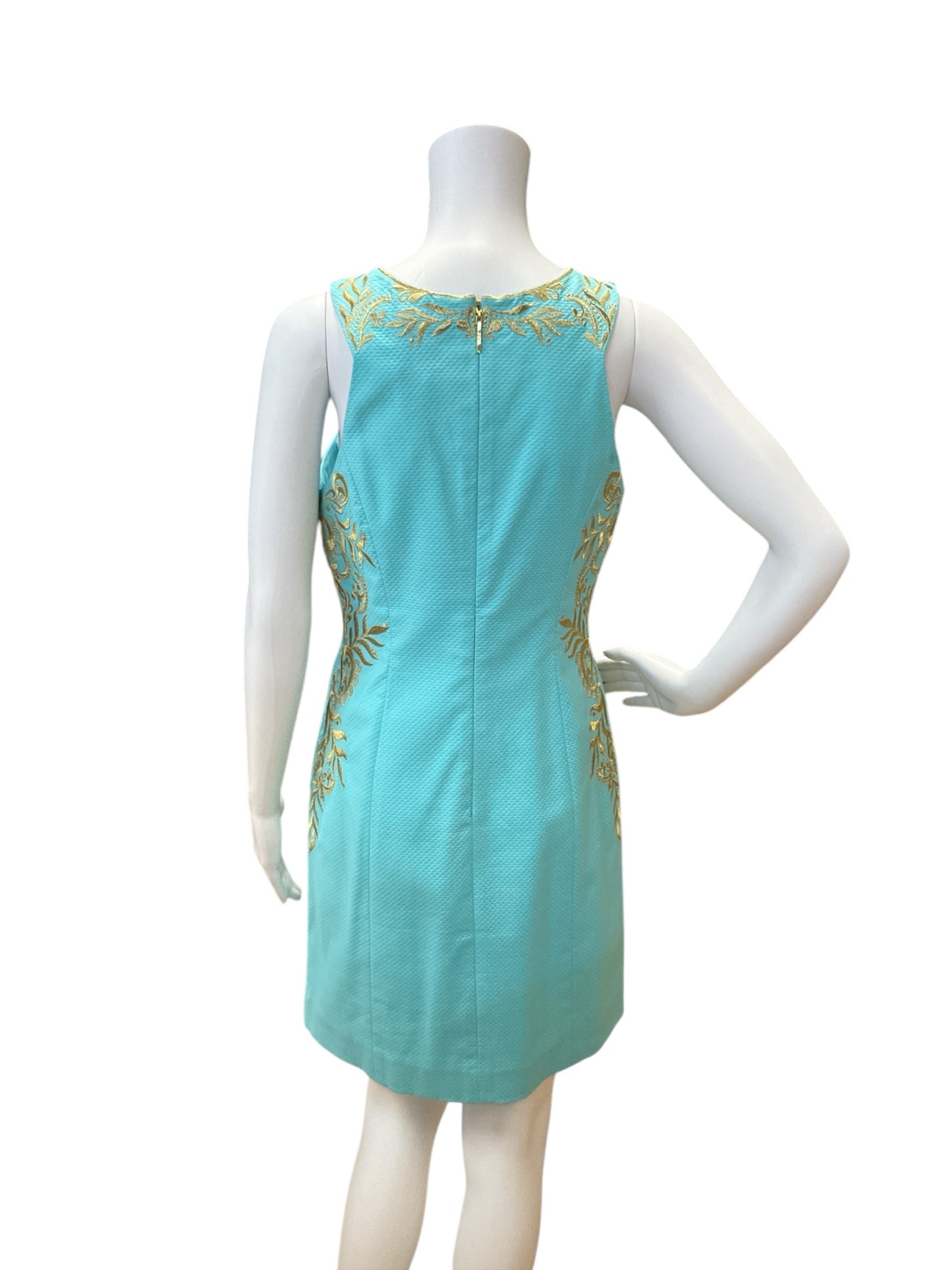 Lilly Pulitzer Size 2 Aqua/Gold Embroidered Pre-Owned Ladies Dress