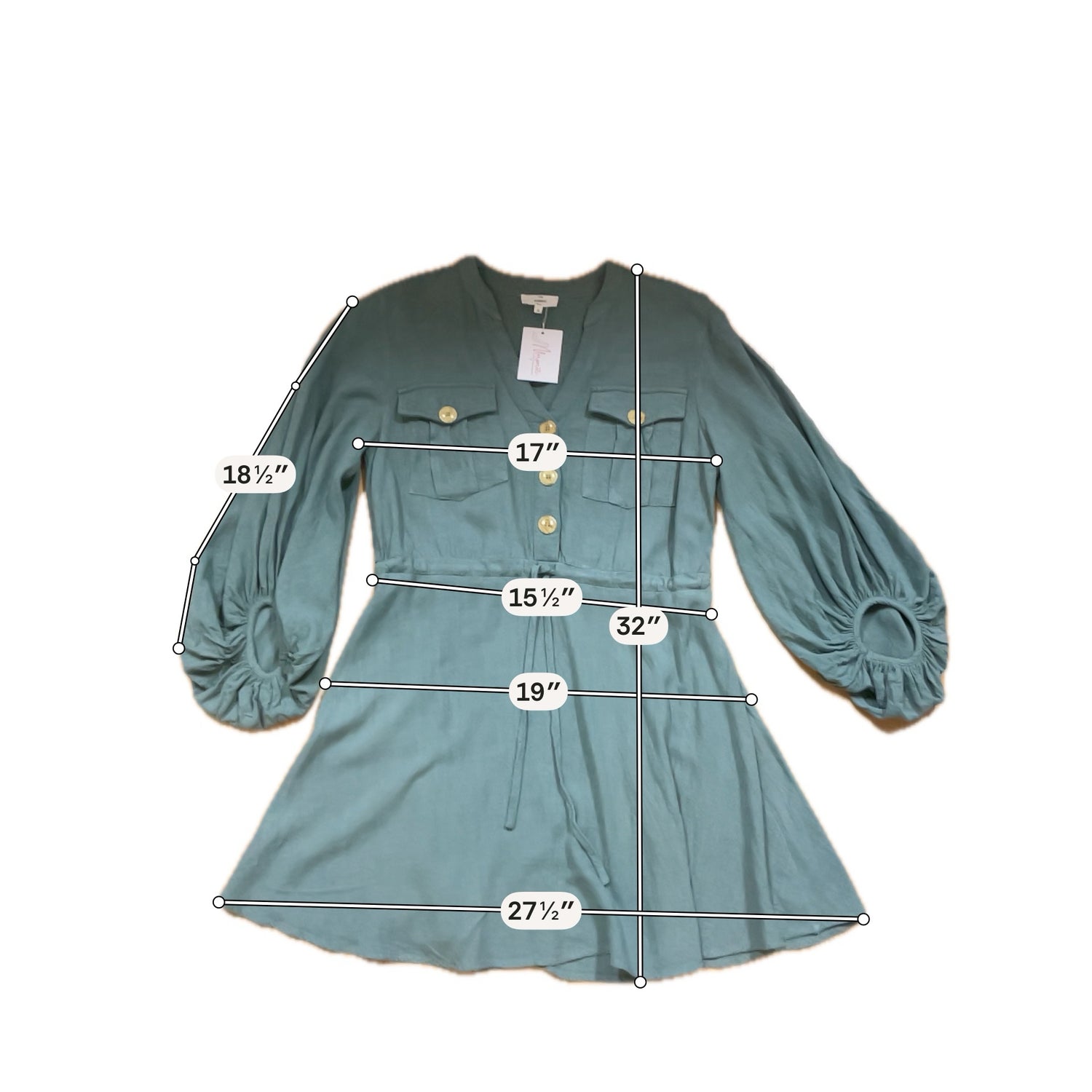 Entro Sage Green Linen Blend Button-Front Mini Dress | Size Small