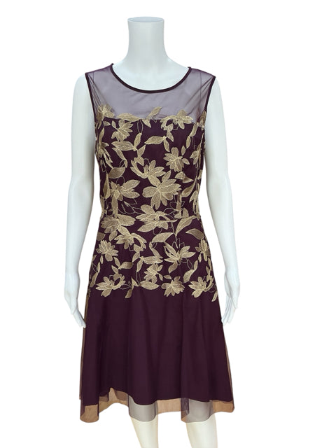 Tahari Arthur S. Levine Plum Gold Floral Embroidered A-Line Cocktail Dress Size 12