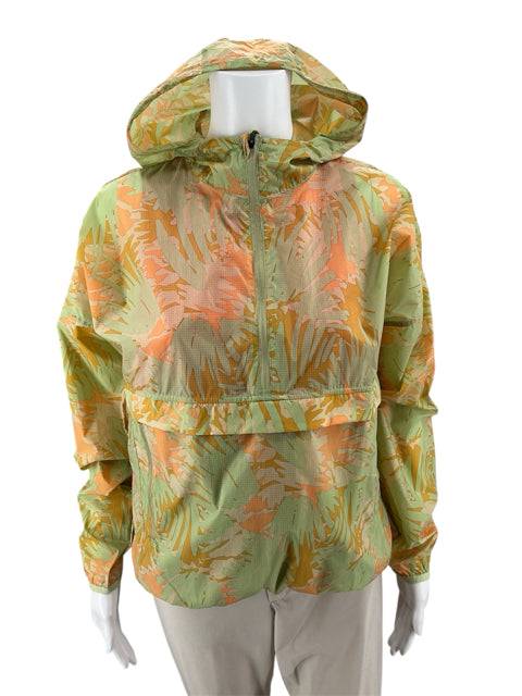Prana Pullover Size XS in green and peach tropical print with hood, front zip, and kangaroo pocket, available at Margaret’s Fine Consignment.