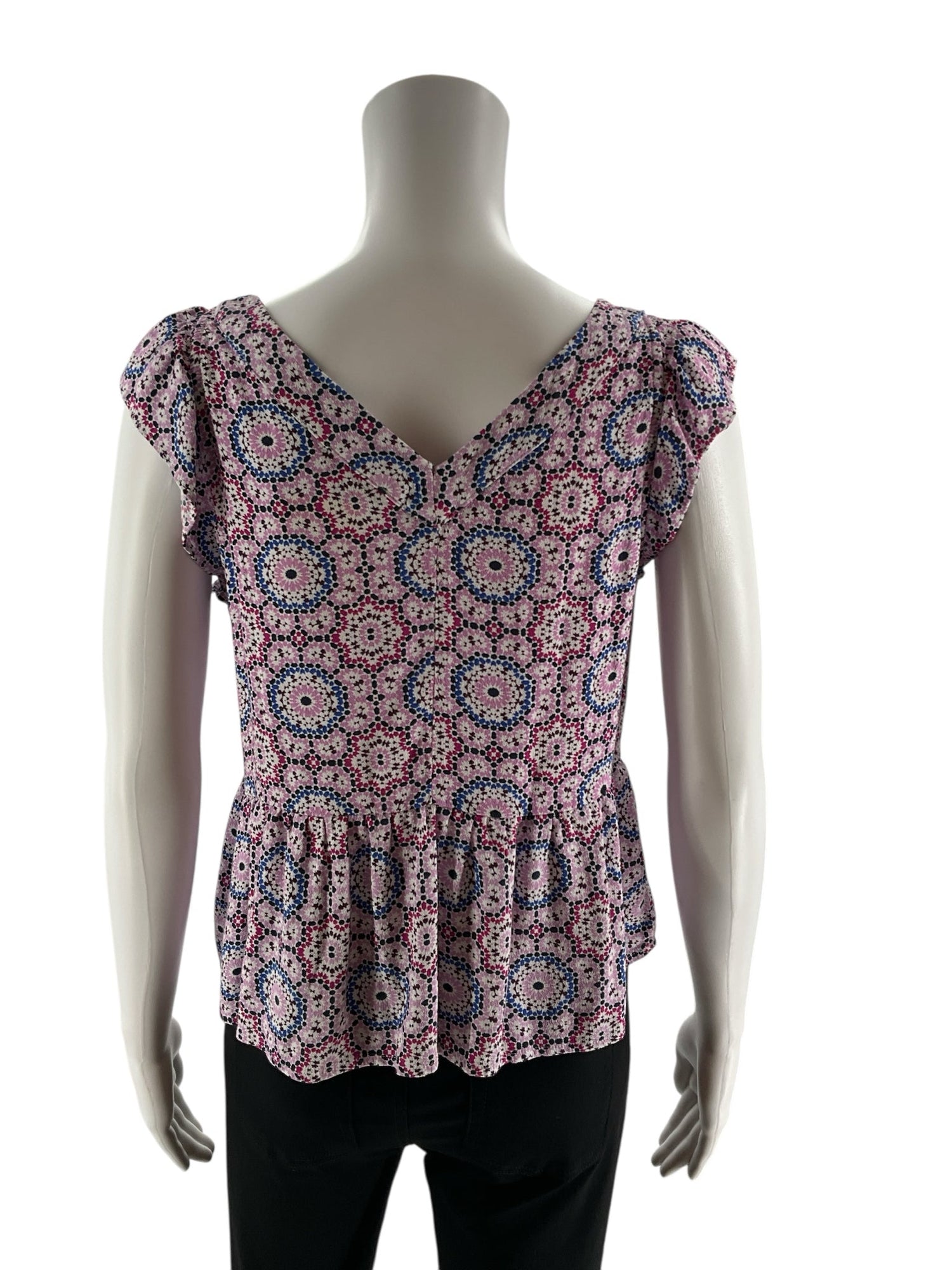 Pre-owned Loft lilac peplum top with flutter sleeves and V-neck, size small petite, displayed on a neutral background.