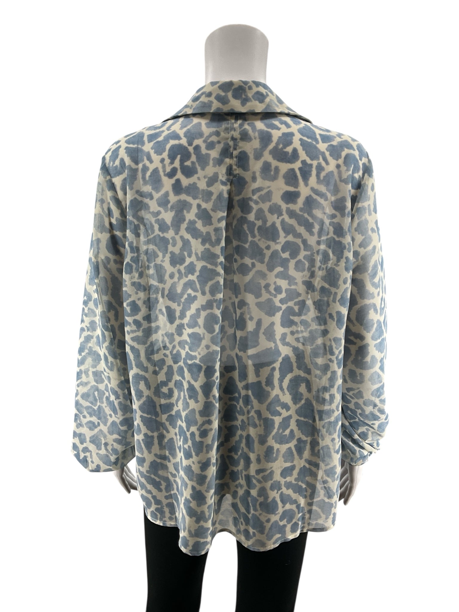 cabi blue/white Long Sleeve Tuxedo Blouse Blue Leopard Print Sheer Long Sleeve Top Size Medium - Size M