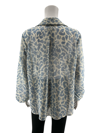 cabi blue/white Long Sleeve Tuxedo Blouse Blue Leopard Print Sheer Long Sleeve Top Size Medium - Size M