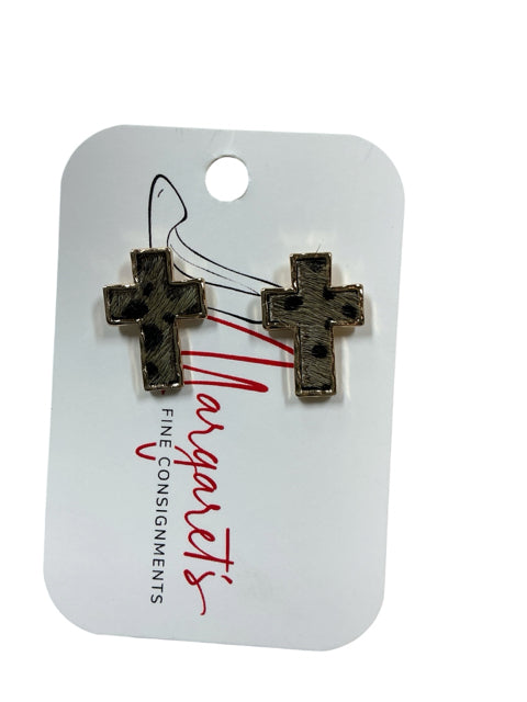 Gold Tone Animal Print Hair on Hide Cross Stud Earrings | Pre-Owned