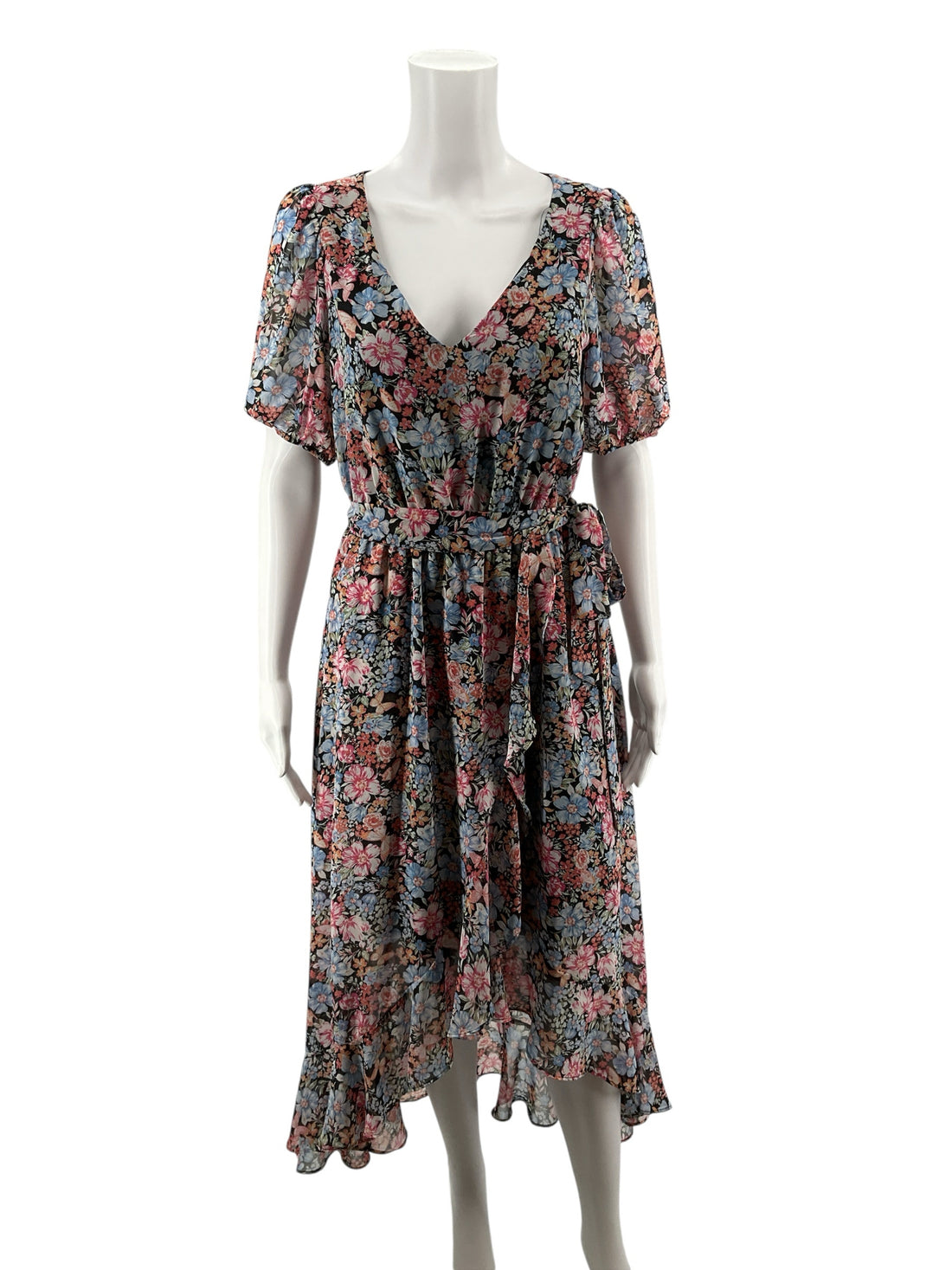 INC International Concepts blue/pink/orange Midi Floral Ruffle Wrap Midi Dress Size 4 - Size 4