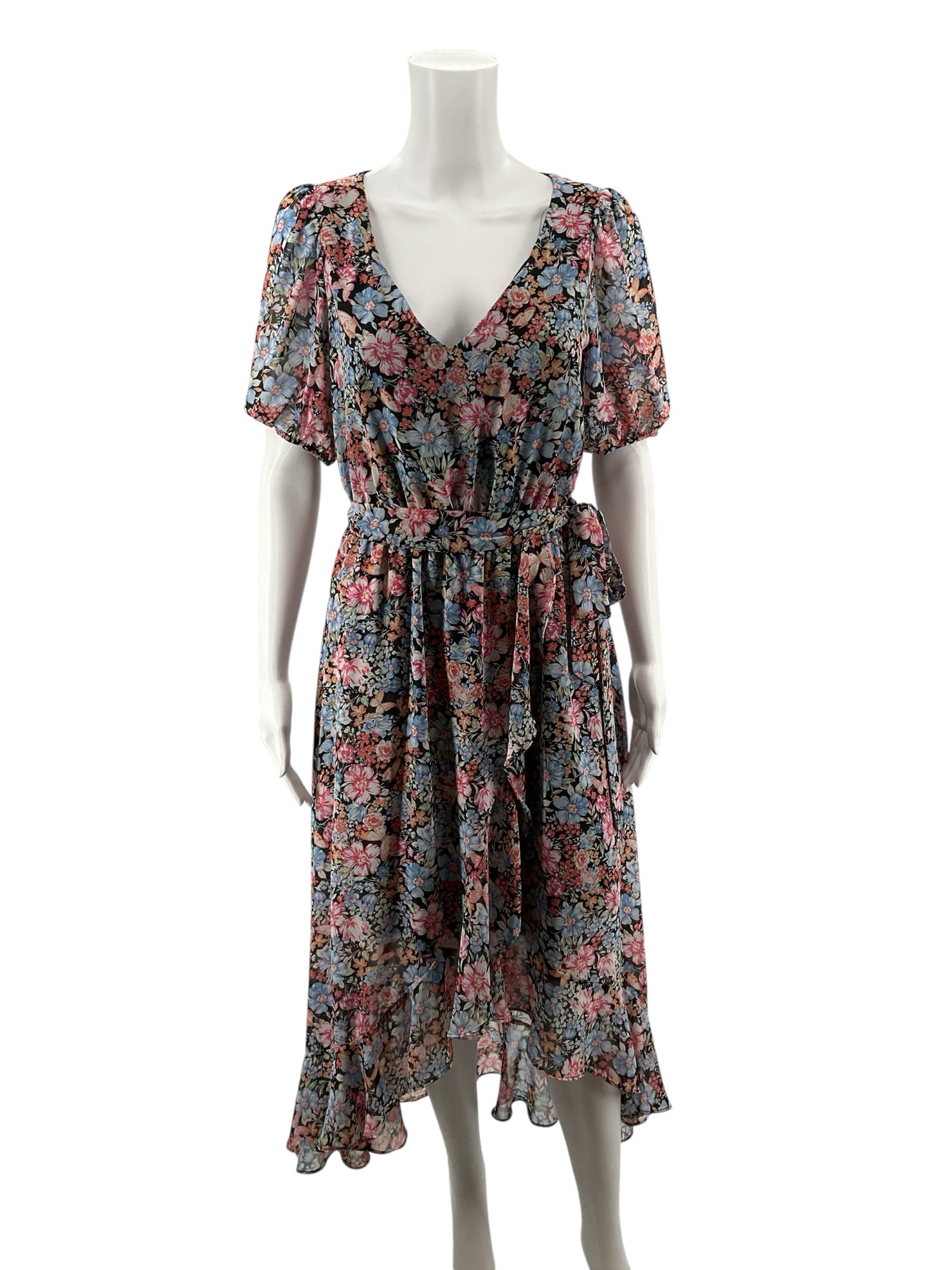 INC International Concepts blue/pink/orange Midi Floral Ruffle Wrap Midi Dress Size 4 - Size 4
