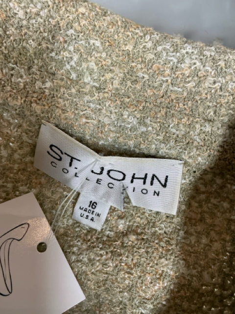St. John Collection Boucle Knit Jacket Tan Green Peter Pan Collar Size 16