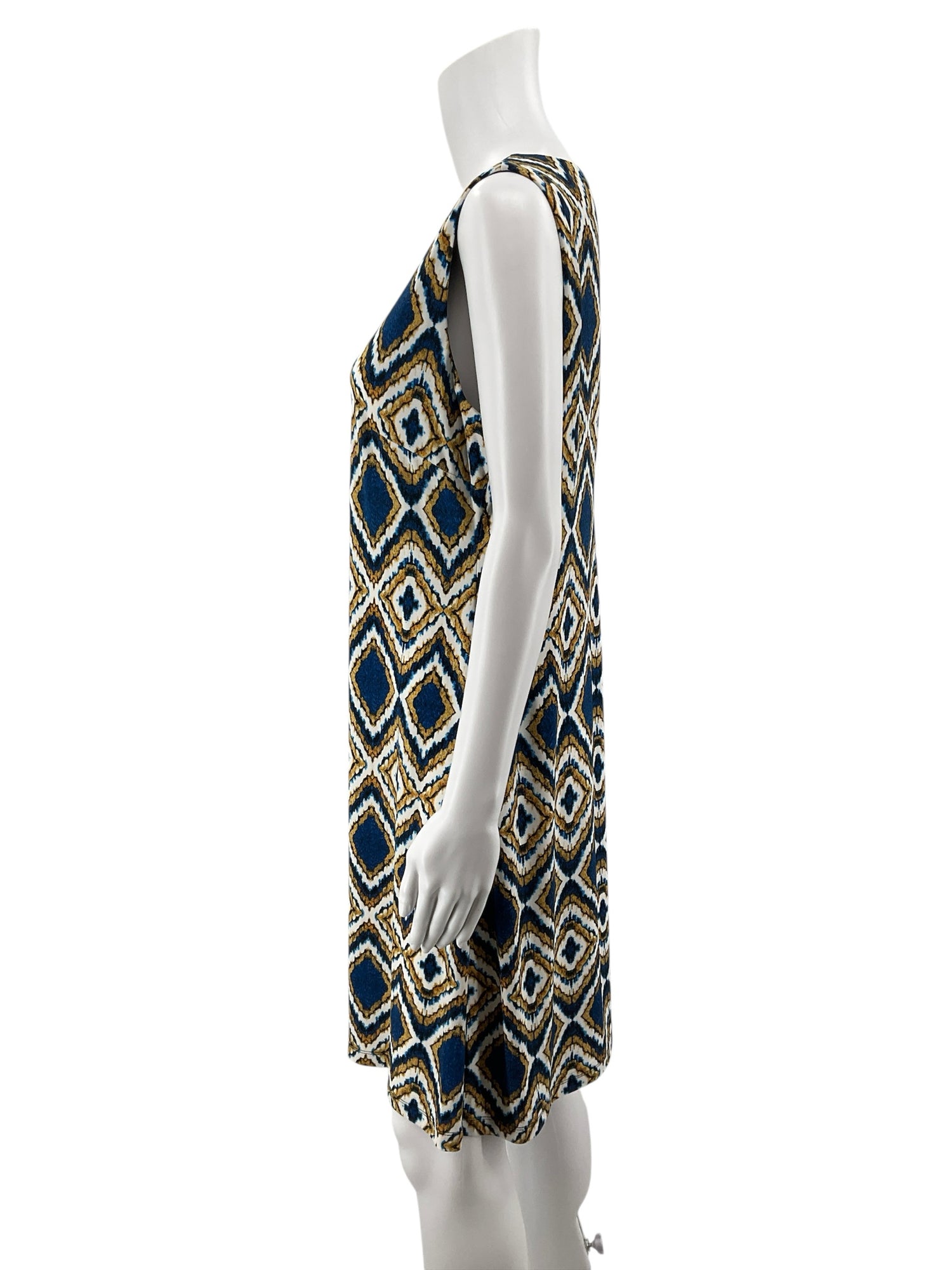 Tommy Hilfiger Blue &amp; Gold Geometric Diamond Print Sleeveless Shift Dress | Size 12