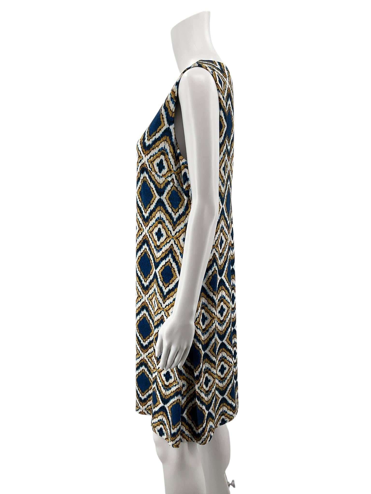 Tommy Hilfiger Blue &amp; Gold Geometric Diamond Print Sleeveless Shift Dress | Size 12