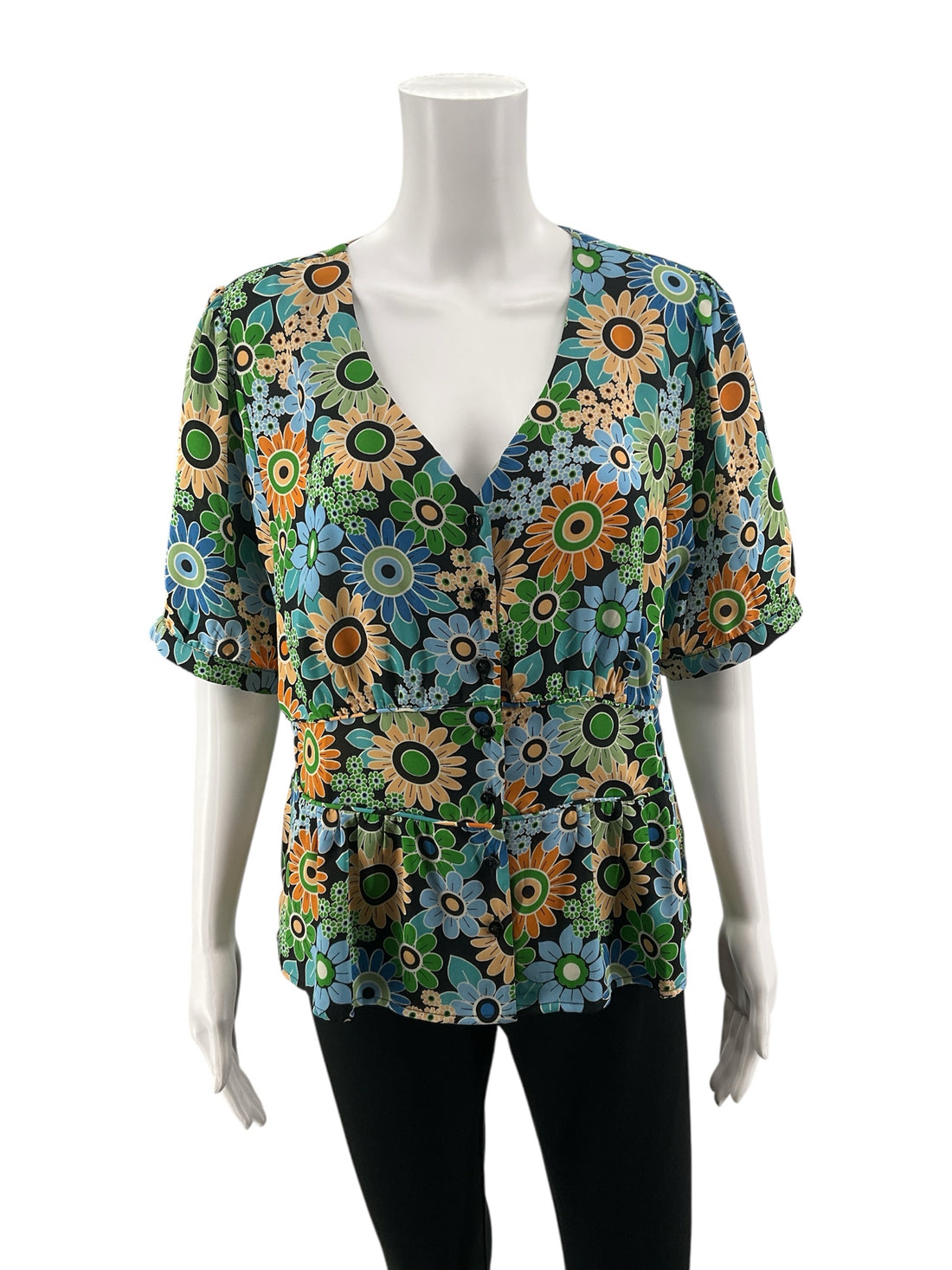 cabi blue/orange/green Peplum Heirloom Blouse Retro Floral Peplum V-Neck Top Size Medium - Size M