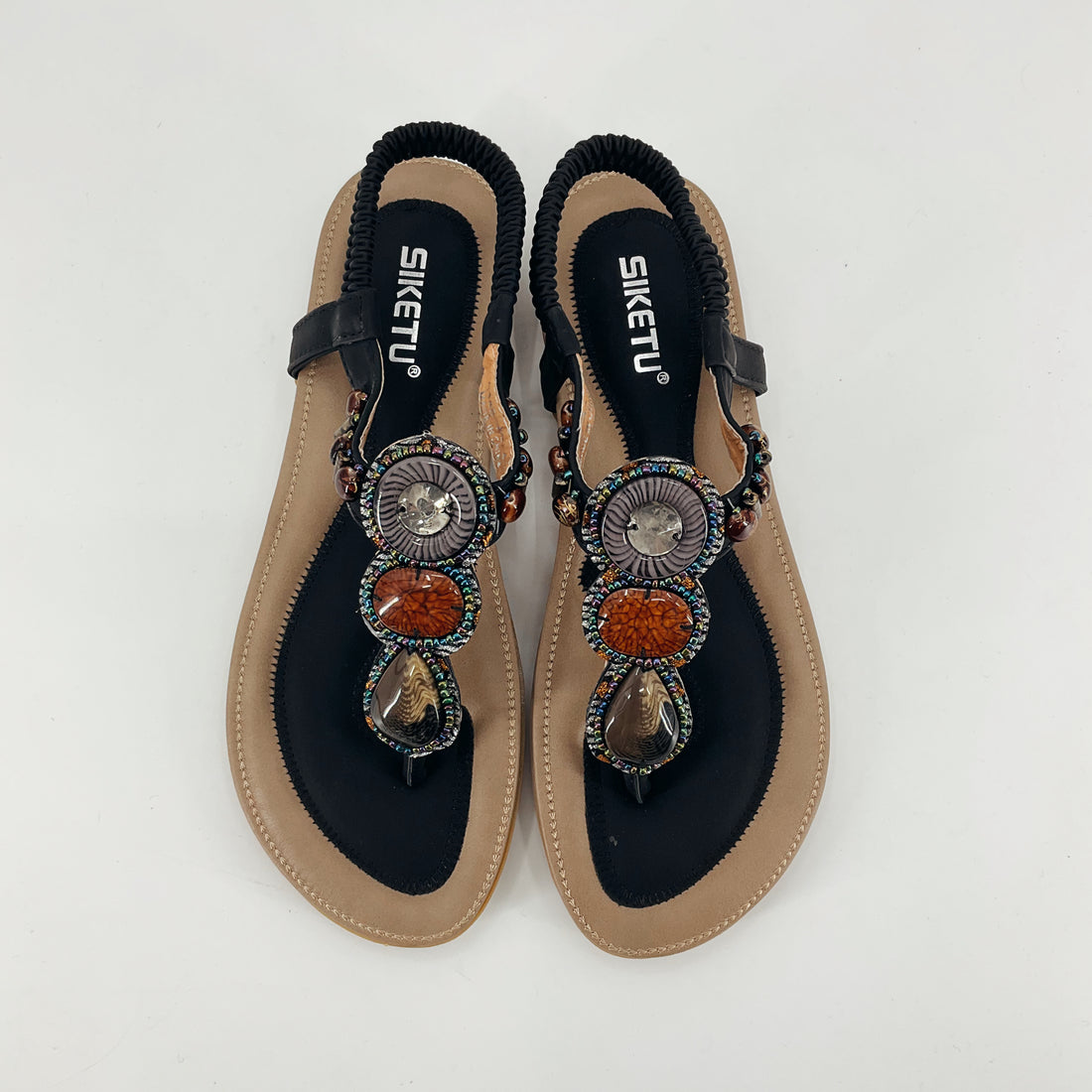 Siketu Black/Brown Beaded Pre-Owned Ladies New With Tags Sandals - Size 9.5