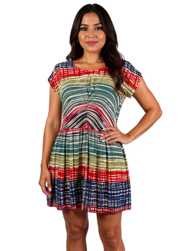 Angie Tan/Multi Print Pre-Owned Ladies Dress - Size Large modeled front view showing colorful striped pattern and cap sleeves, ideal for summer wear.