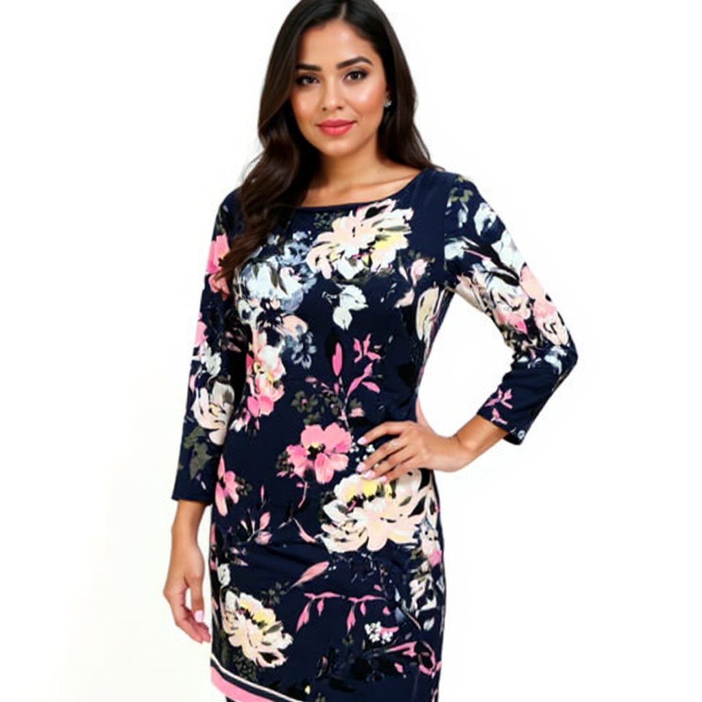 Navy and multi-colored floral pattern dress by INC, pre-owned, size medium, featuring a flattering silhouette.