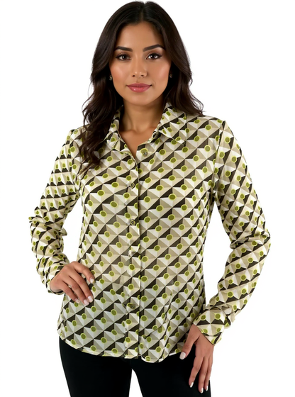 Cabi green and brown print button-down blouse, collared long sleeve top in size small, displayed on a neutral background.
