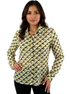 Cabi green and brown print button-down blouse, collared long sleeve top in size small, displayed on a neutral background.