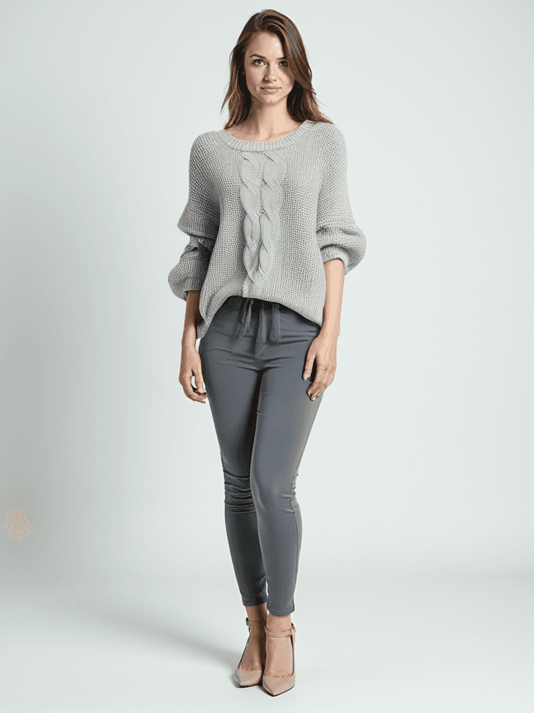 Model wearing H&M Sweater Size Medium from Margaret’s Fine Consignments, featuring gray cable knit design ideal for cozy fall layering.
