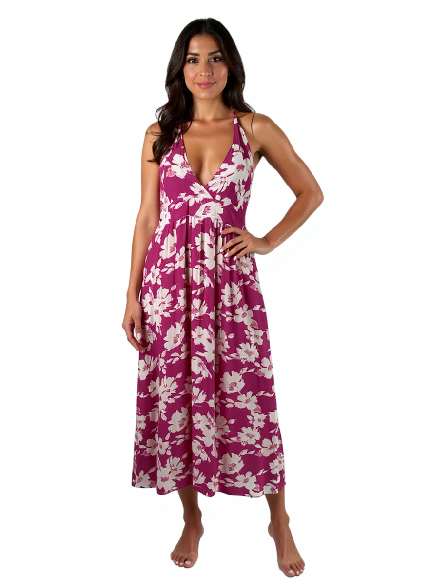 Lulus pink and white floral pre-owned ladies dress in size large, featuring a flowing design and elegant neckline.