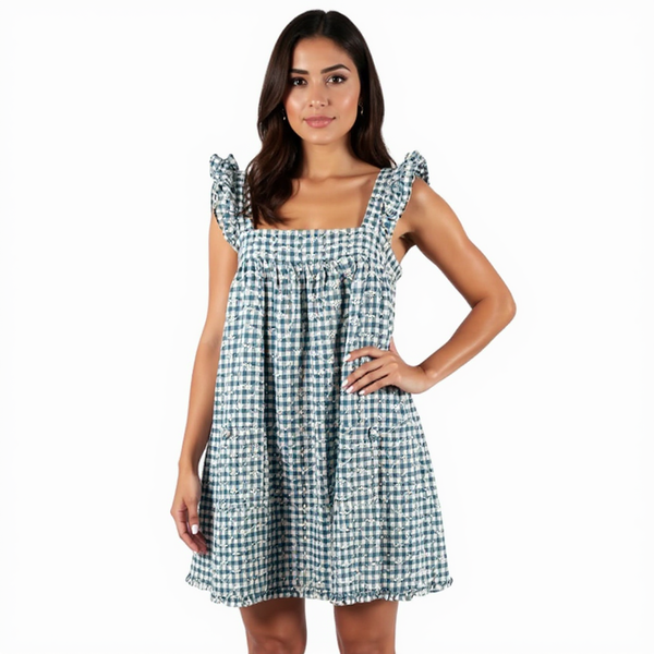 Storia White Blue Checkered Pre-Owned Ladies Dress – Size Small