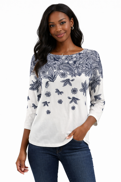 Talbots Navy/White Floral Pre-Owned Ladies Casual Top -  Size Small Petite