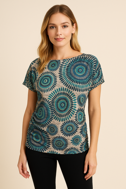 Swooh Blue/Green/White Print Pre-Owned Ladies Top - Size Small - Margaret’s Fine Consignment