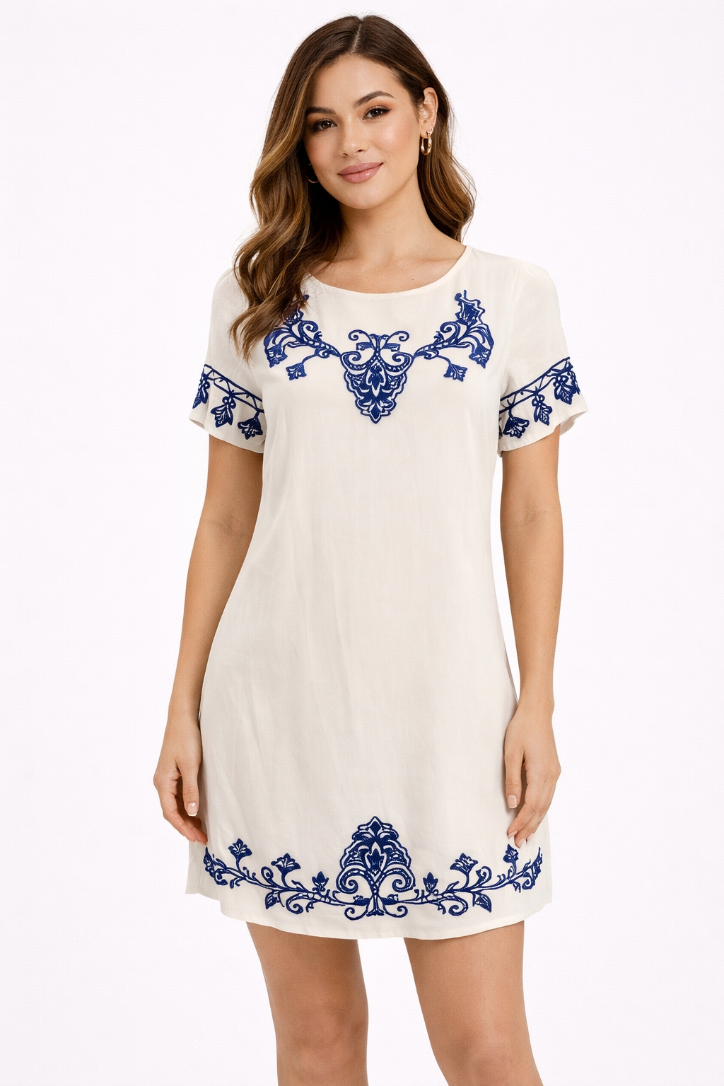 Lulus – White/Blue Embroidered Ladies Pre-Owned Dress - Size Small