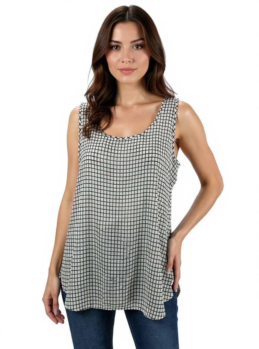Sleeveless Ann Taylor LOFT blouse in white and black checkered pattern, size large petite, perfect for business casual wear.