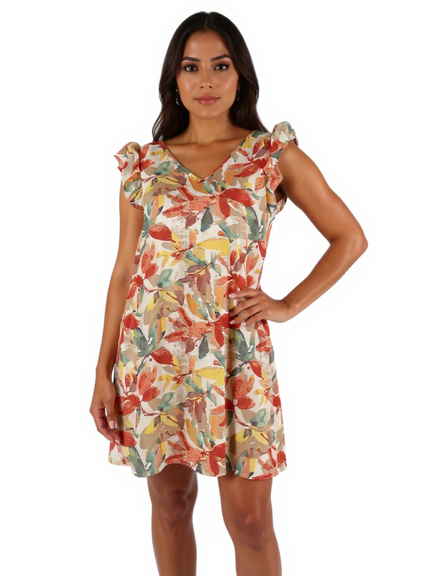 No Brand Orange/Green/Yellow Floral Pre-Owned Ladies Dress in size large with flutter sleeves and V-neck, modeled front view.